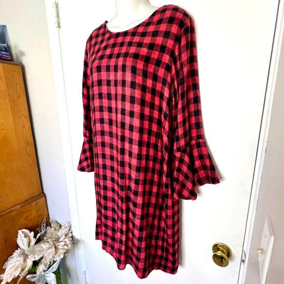 CLOTH & STONE ANTHROPOLOGIE BUFFALO PLAID SHIFT DRESS SIZE MEDIUM RUFFLED SLEEVE - Picture 8 of 11